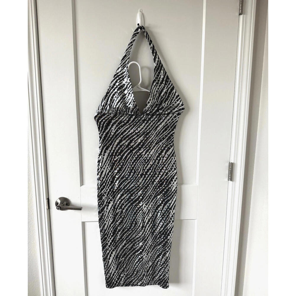 A3 Design Sequin Zebra Halter Bodycon Dress Black Silver Sparkle USA L Glam Vtg